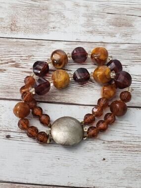 Vintage Bracelet - Amber Tones Clasp Bracelet Double Strand 8"